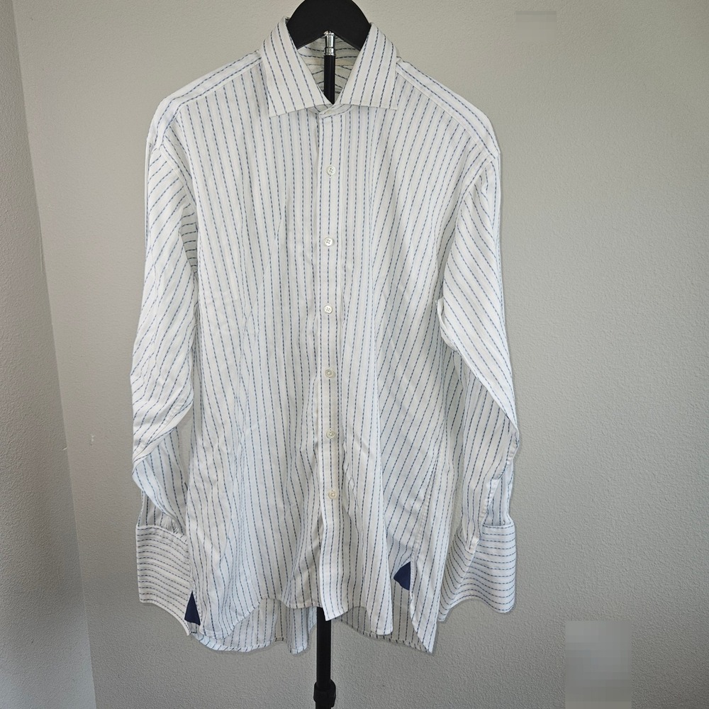 Haines & Bonner Dress Shirt Mens 16 White Blue Striped French Cuff‎ Old Money